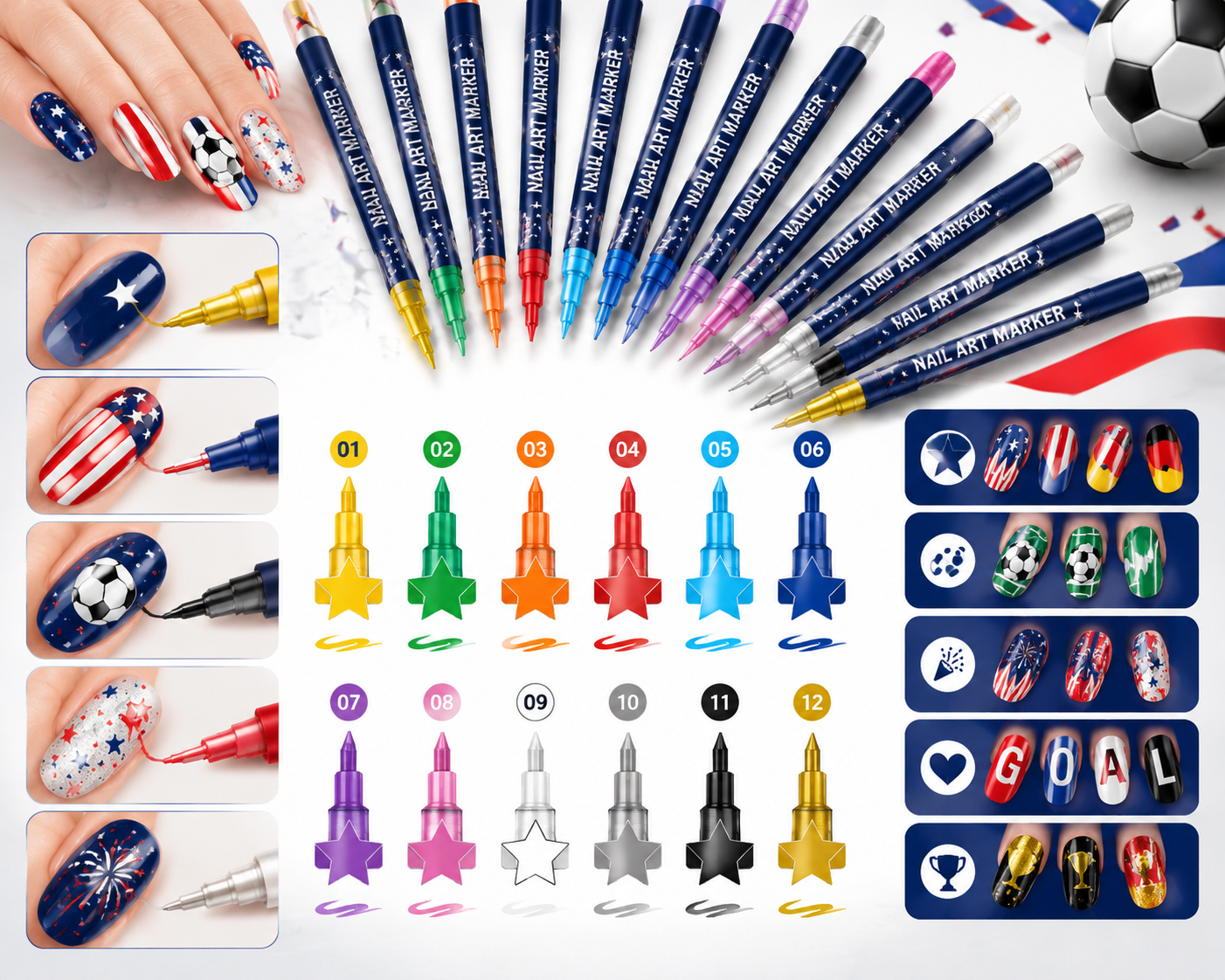 ⚽ Velniva Champion Fan Nail Art Marker Set – 12 Colors for Game Day Team Spirit Nails🏆